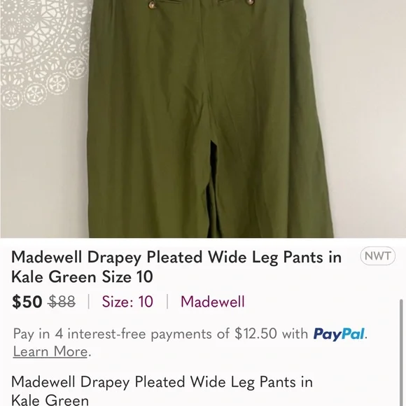Madewell Drapey Pleated Wide Leg Cropped Pants in Kale Green Size 10 - Picture 3 of 7